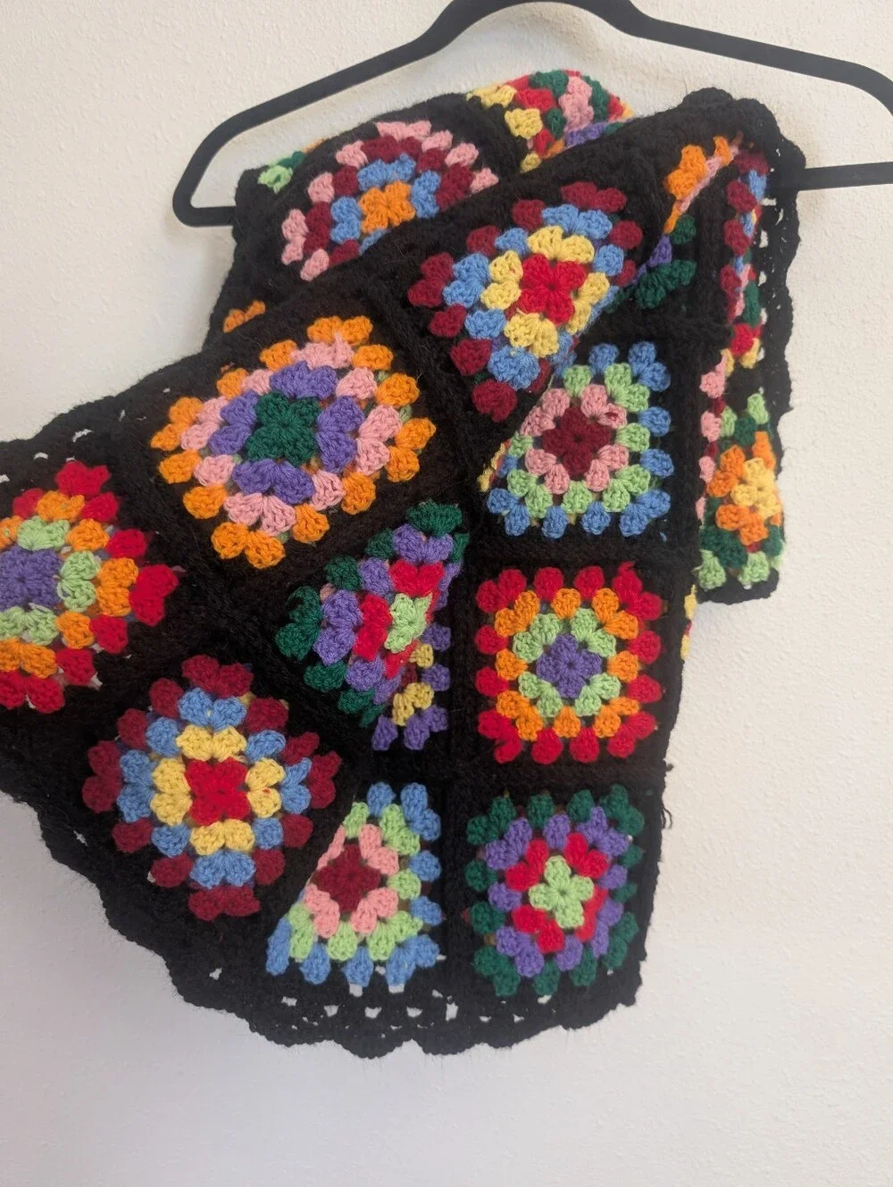 Vintage Granny Square Crochet Throw Blanket Black Multicolor Retro Boho 52 x 66